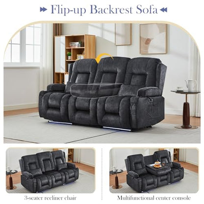 TUNYI Power Loveseat Recliner Sofa with Massage & Heat Home Theater Seating with Console RV Recliner Loveseat Sofa with USB/Storage/Side Pocket/LED Light/Speaker (Grey, 3 Seat) - color: Grey, size: 3 Seat