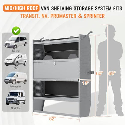 Cargo Van Shelving with Lockable Door Kits,Fit Transit, Nv, Promaster,Sprinter Mid/High Roof,Adjustable Heavy-Duty Steel Van Shelving Storage System W/Hooks & Ropes,52" W X 60" H X 13" D