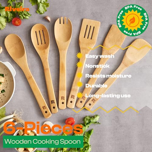 Riveira Bamboo Cooking Spoons 6-Piece – Wooden Cooking Utensils Set with Wooden Spoons for Cooking & Spatulas Wooden Utensil Sets – Premium Kitchen Utensils Set – Durable First Apartment Essentials - color: Bamboo Natural, size: Set of 6
