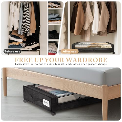 Under Bed Storage with Wheels 2-Pack，Under Bed Storage Containers XXL，Underbed Shoes Storage with Clear Lid,Rolling UnderBed Metal Drawer for Clothes Blankets Easy Pull-out Black