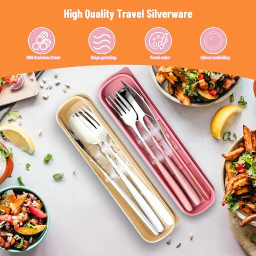 Travel Utensils with Case, 4pc Reusable Utensils Set with Case, Camping Utensil Set, Portable Silverware Lunch Utensils Set for Work Camping School (Beige) - color: Beige