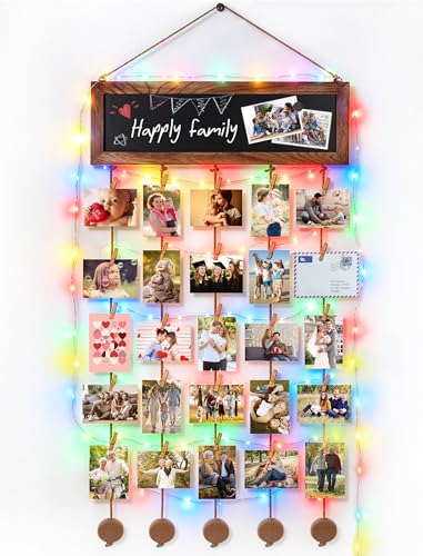 Bikoney Hanging Photo Display with String Lights & Clips | Rustic Picture Frames Collage Hanger with Magnetic Chalkboard for polaroids. Perfect Home Dorm Wall Decor & Graduation Gift. - color: Carbonized Black,String Lights, size: 1-Pack