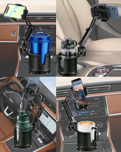 Cup Phone Holder for Car with Expandable Base, 2 in 1 Height-Adjustable Dual Cell Phone Holders Car Cupholder Mount, Friendly Fit Large Bottle & iPhone All Cellphone for Truck SUV | No Shake Design - color: Gray