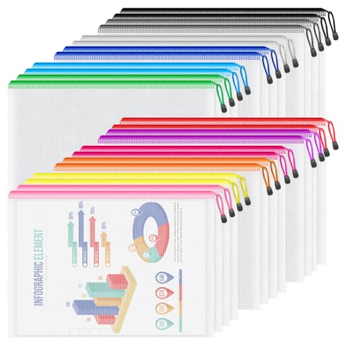 Smarpau A4/Letter Size Zipper Pouch, 24 Pack 12 Colors 13.3" x 9.4" Plastic Zipper Bags for Organizing, Multipurpose Waterproof Mesh Zipper Pouches for Travel, Office, Home Storage - color: Assorted Colors, size: A4-13.3x9.4in-24pcs