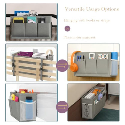 Dual-Purpose Bedside Caddy Organizer Hanging Storage Bag Dorm Storage for Home, Dorm, Bunk, Hospital Beds, Bed Caddy Holder with 6 Pockets for Magazines, Books, Phones, Remotes, Bottles