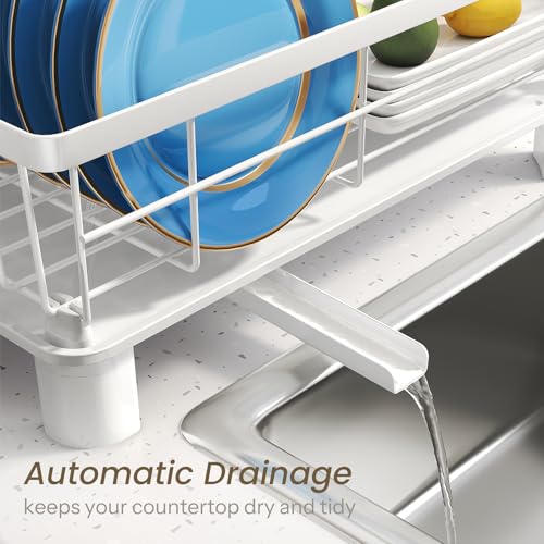 SNTD Dish Drying Rack - Small Dish Rack for Kitchen Counter, Stainless Steel Dish Drainer with Utensil Holder and Drainboard, 11" W x 15" L (White) - color: White, size: 11" W x 15" L
