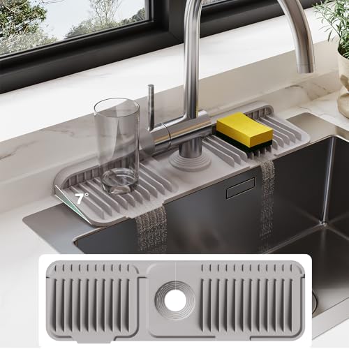 24 Inch Silicone Faucet Mat for Kitchen Sink Splash Guard - 7° Slope Water Draining Mat With Fasten Button for Bathroom Area (Gray, 17.7''x5.5'') - color: Gray, size: 17.7''x5.5''