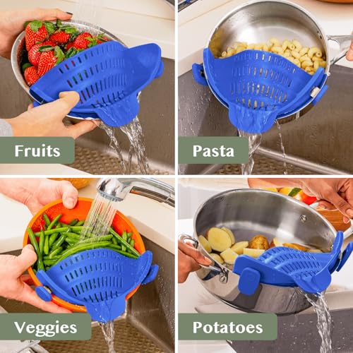 Kitchen Gizmo Snap N' Strain - Silicone Clip-On Strainer for Pots, Pans, and Bowls - Heat-Resistant Kitchen Gadgets, Essential Colander Drainer for Vegetables and Pasta - 7.87x2.76x4.53-Inch (Blue) - color: Blue