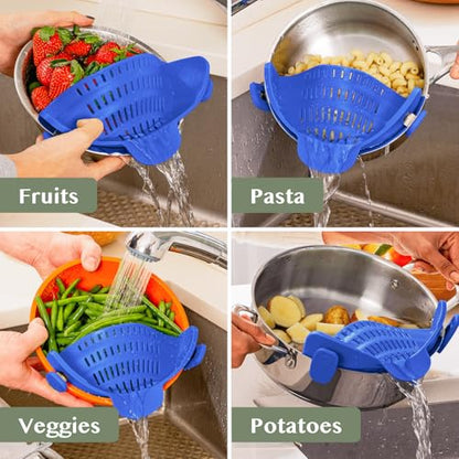 Kitchen Gizmo Snap N' Strain - Silicone Clip-On Strainer for Pots, Pans, and Bowls - Heat-Resistant Kitchen Gadgets, Essential Colander Drainer for Vegetables and Pasta - 7.87x2.76x4.53-Inch (Blue) - color: Blue