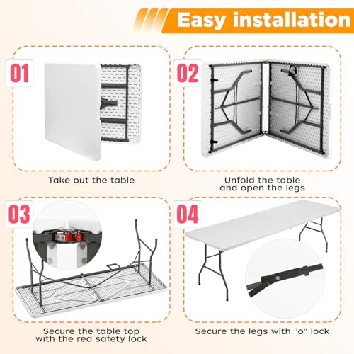 FDW 8FT Folding Table, Portable Fold-in-Half Plastic Picnic Party Table with Carrying Handle (White, 8FT) - color: White, size: 8 FT 94"x29"