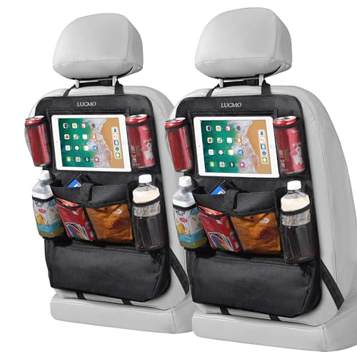 LUCMO Car Backseat Organizer with Touch Screen Tablet Holder, Black | 2 Pcs,9 Storage Pockets,Clear Tablet Holder,Protectors Kick Mats,Travel Accessories,Seat Cover,Road Trip Essentials - color: Black-1, size: 2 Pack