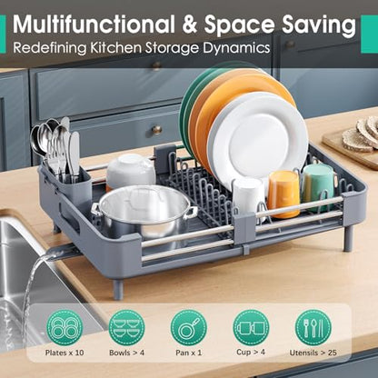TOOLF Dish Drying Rack, Expandable Dish Rack for Kitchen Counter, Anti-Rust Dish Drainer, Sink Organization and Storage Essentials with Cutlery & Cup Holder, Gray - color: Gray