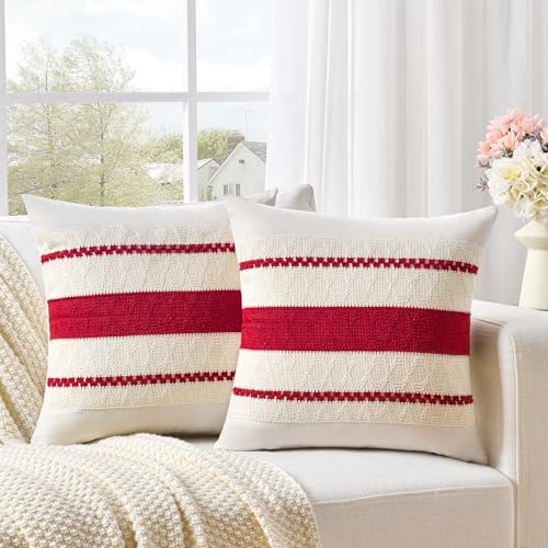 Fancy Homi Set of 2 Boho Red Decorative Throw Pillow Cover 16x16 Inch for Couch Bed Sofa, Aesthetic Modern Organic Farmhouse Home Decor, Soft Cotton Cute Accent Macrame Woven Cushion Case - color: Red, size: 16" x 16" (Pack of 2)