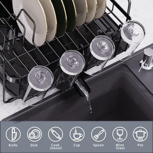 Runnatal Dish Drying Rack Extendable, Large Dish Rack with Drainboard, Utensil Holder, Cup Holder, Expandable Dish Drainer for Kitchen Counter, 20.5"-27.6" L x 12.6" W - size: 20.5"-27.6" L x 12.6" W