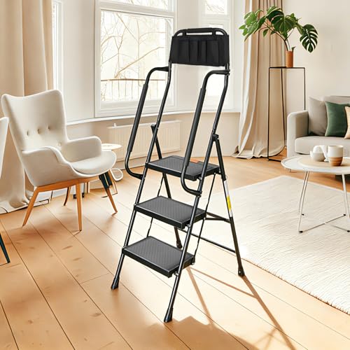 Valeo 3 Step Ladder with Handrails,500 Lbs Capacity,Folding Step Stool Ladder with Attachable Tool Bag,Lightweight & Storage Step Ladder 3 Step Folding,Multi-use for Home,Kitchen,Office,Black - style: 3 Step Ladder with Handrails