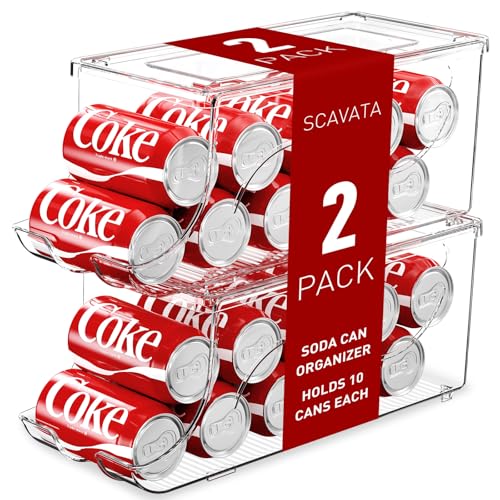 SCAVATA 2 Pack Stackable Refrigerator Organizer, Soda Can Dispenser Pop Cans Container Beverage Holder with Lid for Fridge, Freezer, Kitchen, Clear Plastic Storage Bins-Holds 10 Cans Each - color: Clear