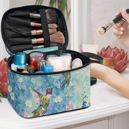 CMakeup Bags for Women Hummingbird Flower Printed Travel Cosmetic Organizer Large Capacity Toiletries Accessories Brush Holder Zipper Case with Top Handle - color: Hummingbird Flower