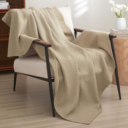 PHF Pre-Washed 100% Cotton Waffle Weave Throw Blanket for Couch, Lightweight Breathable Bed Blanket for Spring Summer, Snag Proof Machine Washable, Home Decor Gift - Khaki/Simply Taupe - color: Khaki/Simply Taupe, size: Throw(50" x 60")