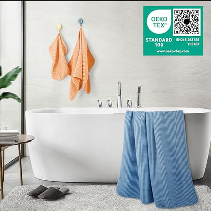 POLYTE 430 GSM Microfiber Quick Dry Lint Free Oversize Bath Towel Set, 6 Piece (Waffle Weave) - color: Blue,orange