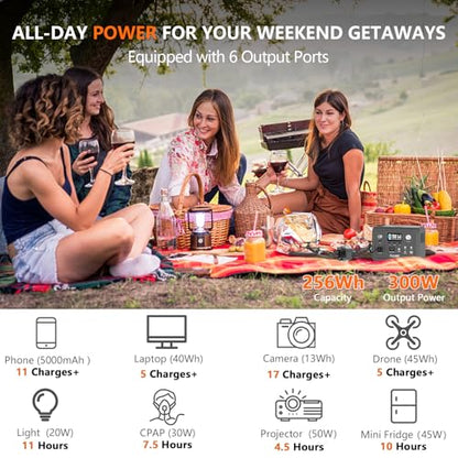 ALLWEI Portable Power Station 300W (Peak 600W) Upgraded, 256Wh LiFePO4 Battery Bank Solar-Generator with 6 Output Ports, Backup Power Supply for Camping Travel Blackout Home Use (Solar Panel Optional)