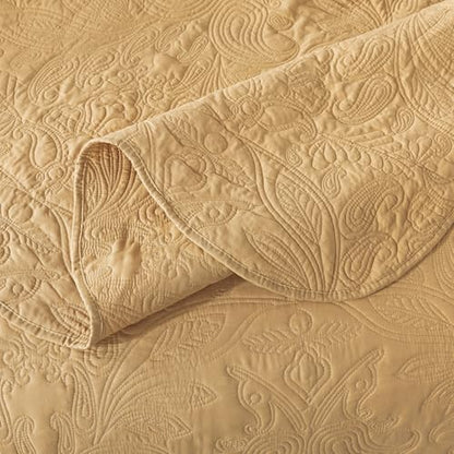 HoneiLife Queen Quilt Bedding Set - 3 Piece Microfiber Quilt Sets Lightweight Bedspreads Reversible Coverlets Retro Bed Cover Paisley Pattern Bedding Set All Season Quilts-Yellow - color: Dusty Yellow, size: Queen/Full-90"x96"