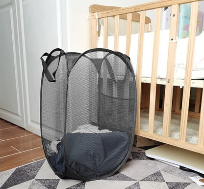 Larpur Popup Mesh Laundry Basket, Collapsible and Portable Clothes Washing Laundry Hamper with Reinforced Carry Handle (Black) - color: Black