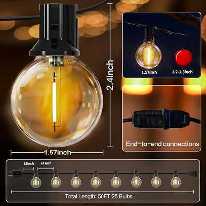 Outdoor String Lights 50FT with 25+2 G40 LED Bulbs, Shatterproof & Waterproof Patio Lights, Connectable Globe String Lights for Backyard Porch Deck Bistro Garden Party - size: 50FT