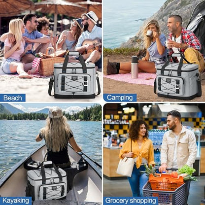 Large Insulated Cooler Bag, 50 Can Soft Sided Collapsible Ice Chest for Camping, Travel, Grocery, Kayaking & Beach (Waterproof, Leak-Proof, 30L) - color: Gray