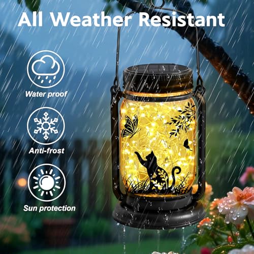 ANGMLN Cat Solar Lanterns 3-in-1 Outdoor Waterproof - Birthday Gifts for Cat Lovers Women Mom Christmas, Mason Jar Hanging Lanterns with Stake, Garden Decor Lights for Patio Yard Balcony Decorations - style: Cat