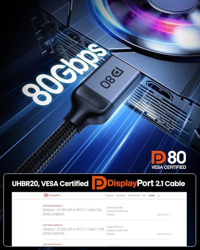 Silkland 80Gbps DisplayPort 2.1 Cable 5FT [VESA Certified], [8K@240Hz, 4K@540Hz 360Hz 240Hz] DP 2.1 Cable, HDR HDCP DSC 1.2a Display Port Cord Compatible DP 1.4 G-Sync Gaming Monitor 5090 9070XT - size: 5 Feet
