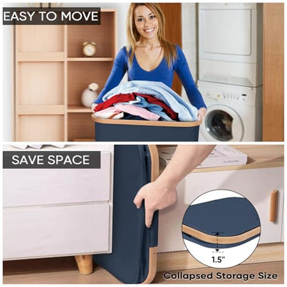 BALEINE Laundry Hamper with Lid, Tall Laundry Baskets with Bamboo Pull Handles, Large Laundry Bin with Internal Support (26 Gal/100L, Blue) - color: Blue, size: 100 liters