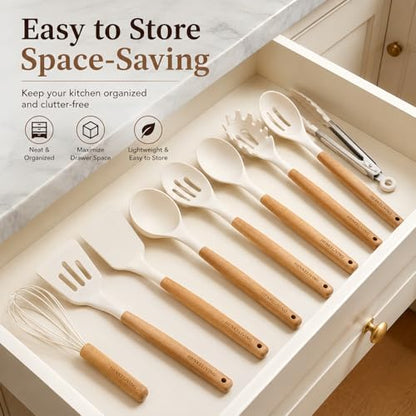 Silicone 10 Pcs Kitchen Cooking Utensils Set, Recycled Materials Certification, BPA Free Spatula Set with Heat Resistant Wood Handles for Nonstick Cookware, Cream White - color: CreamWhite