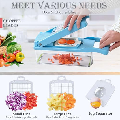 Pro-Series 16-in-1 Vegetable Chopper, Dewpeton Mandoline Slicer, Veggie Chopper, Food Chopper with Container, Vegetable Cutter Chopper & Spiralizer for Onion Salad (Home Essential Gadget & Kitchen) - color: Blue, size: 8 Blades