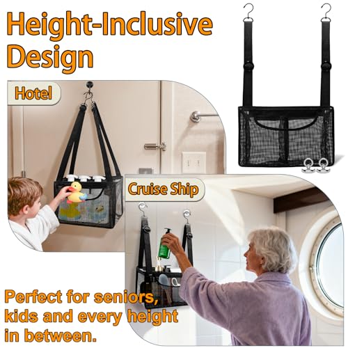 Black PVC Mesh Hanging Shower Caddy with 2 Magnetic Hooks, Adjustable Portable Bathroom Organizer with Pockets for Cruise, Dorm, Gym, Camping, RV, 12"x6"x7"(LxWxH)