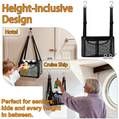 Black PVC Mesh Hanging Shower Caddy with 2 Magnetic Hooks, Adjustable Portable Bathroom Organizer with Pockets for Cruise, Dorm, Gym, Camping, RV, 12"x6"x7"(LxWxH)