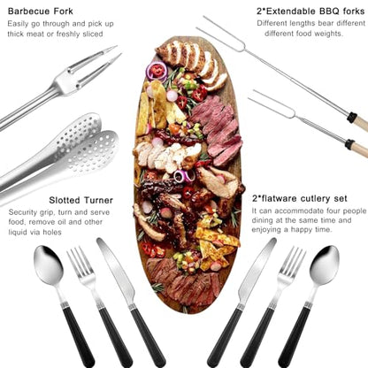 Camping Cooking Utensils Set - Camping Utensil Set Car Camping Cooking Essentials Gear for Camp Kitchen Cooking and Grilling, Stainless Steel & Silicone Ideal Gift for RV Tent Camper - color: Black-24Pcs