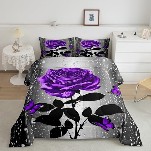 Feelyou Purple Water Rose Bedding Set Queen Size Purple Butterfly Comforter Set for Adult Girls Teens Toddler Romantic Duvet Set Floral Flower Quilt Set 3Pcs - color: Brown White, size: Queen