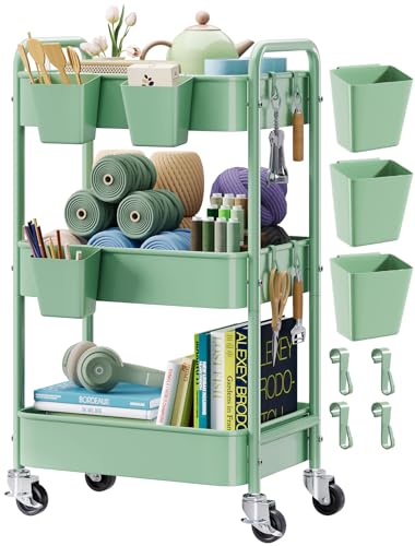 3 Tier Rolling Storage Cart Metal with Wheels, Green Baby Diaper Caddy Carts, Three Tiered Craft Cart Organizer on Wheels, Utility Roller Trolley for Art, Book, Snack, Office, Laundry, Bathroom Shelf - color: Sage Green, size: 3 Tier + Cups + Hooks
