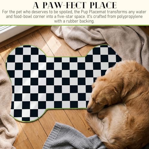 Yookeer Black and White Pup Placemat Check Plaid Cute Pet Food Mat for Dog Bowls and Cat Bowls Gift Decorations Buffalo Plaid Bone Shaped Dog Place Mat Spring Pet Accessories Supplies, 14 x 24 Inch