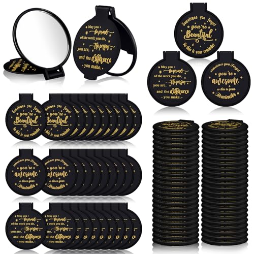Wenqik 64 Pcs Inspirational Mini Compact Mirrors Bulk, Women Small Gifts Bulk, Group Team Party Favors, Mini Pocket Purse Mirror for Travel, Client, Guest, Wedding, Birthday, Cheerleader (Black) - color: Black