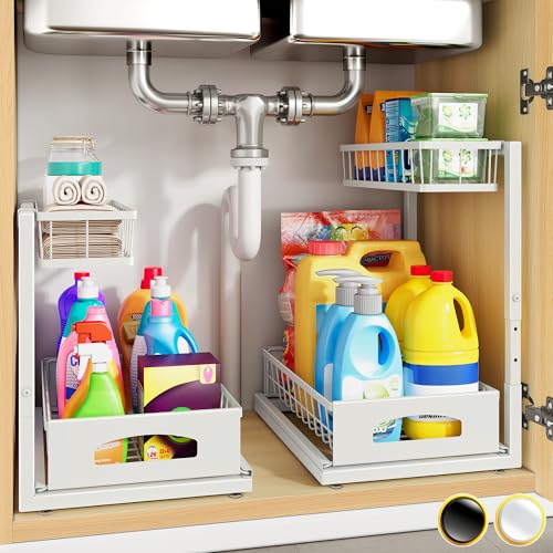 Under Sink Organizer, 2 Pack Cabinet Organizer for Kitchen, Height Adjustable Pull Out Heavy Duty 2 Tier Metal Under Sink Storage for Bathroom Pantry (White, 2 Pack) - color: White, size: 2 Pack