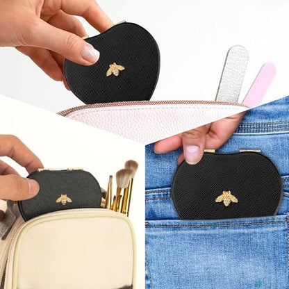 Compact Mirrors, Leather Folding Travel Mirrors, Bee Double Sided Handheld Mirrors, Portable Heart Shape Makeup Mirrors Gift for Girls Women Mothers