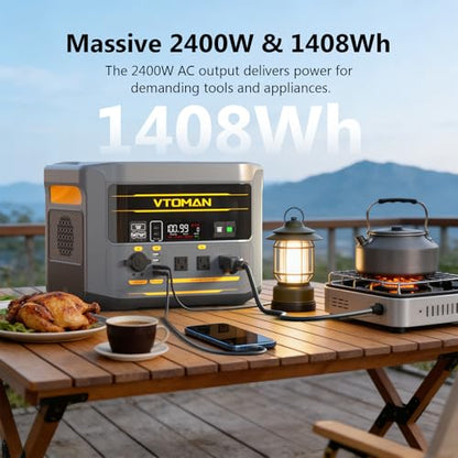 VTOMAN FlashSpeed 2400 Portable Power Station, 1408Wh LiFePO4 (LFP) Battery, Full Charge in 58 Min,2400W(Peak 3200W) Solar Generator for Home Backup Power, Camping & RVs(Solar Panel Optional)