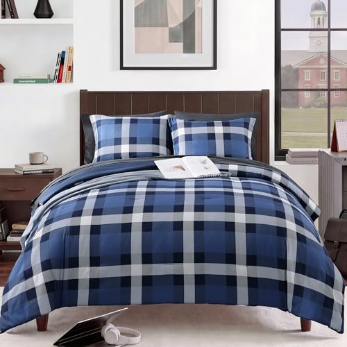 MaiRêve Twin XL Plaid Comforter Set Indigo Blue, Classic Checkered 5 Pieces Bedding Set for Boys Girls Teen, All Season Lightweight Bed in A Bag with Sheets, Pillowcases & Shams - color: Indigo Blue, size: Twin XL