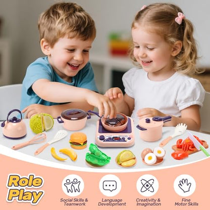 CUTE STONE Kids Kitchen Accessories, Toy Pots & Pans Set with Sound & Light Induction Cooktop, Cuttable & Peelable Play Food, Play Cookware, Educational Role Play Gift for Toddlers & Kids Ages 3+ - style: Purple with induction