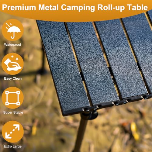 Folding Camping Table, Outdoor Roll-up Table Height Adjustable & Portable Metal Camp Grill Table for Picnic, BBQ, Party, Backyard, Beach, Mesh Storage and Carry Bag (Ash Black, 37.4'' Large) - size: 37.4'' Large