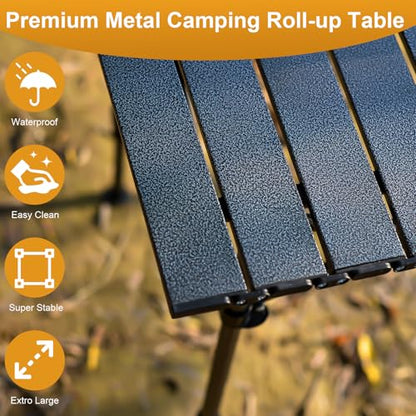 Folding Camping Table, Outdoor Roll-up Table Height Adjustable & Portable Metal Camp Grill Table for Picnic, BBQ, Party, Backyard, Beach, Mesh Storage and Carry Bag (Ash Black, 37.4'' Large) - size: 37.4'' Large