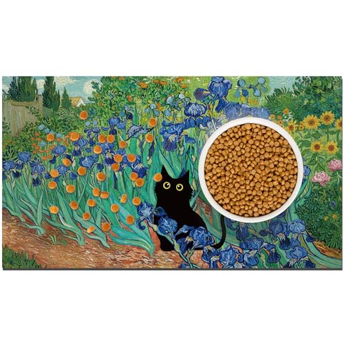 Black Cat Pet Feeding Mat, Absorbent Dog/Cat Food Mat for Food and Water Bowl, Non-Slip Quick Dry Pet Placemat Floor Protector for Messy Drinkers(17 x 30 in) - color: Black Cat, size: 17x30in