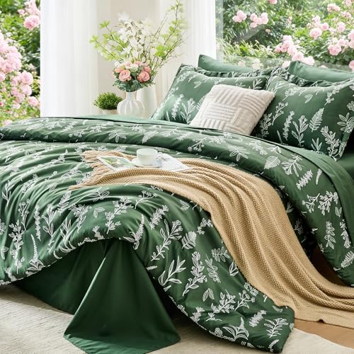 MUXHOMO Dark Green Full Comforter Set, Elegant Floral Print Bed in a Bag 7 Pieces, Ultra Soft & Breathable Reversible Botanical Pattern Bedding Set with Comforter, Sheets, Pillowcases, and Shams - color: Dark Green Leaves, size: Full(82"x86")