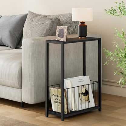 Homleke Narrow Side Tables Set of 2 with Magazine Holder, Skinny End Tables Perfect for Small Spaces, Space-Saving Design for Living Room, Bedroom, or Office, 7.1" D x 16.9" W x 23.6" H, Black - color: Black - Standard